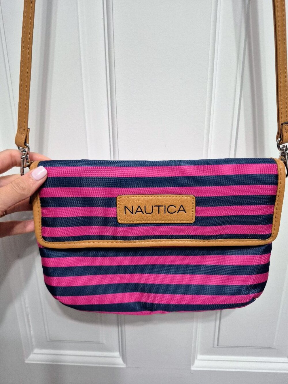 Nautica Pink Navy Striped Small Crossbody Bag
